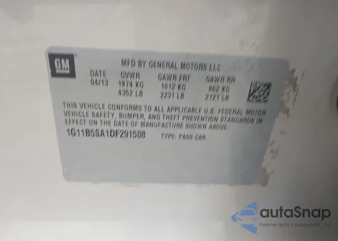 2013 Chevrolet Malibu 1Ls z USA, uszkodzony, nr VIN 1G11B5SA1DF291508